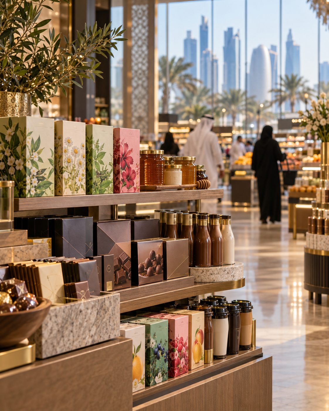 Qatari retail aisle with premium food and beverage displays